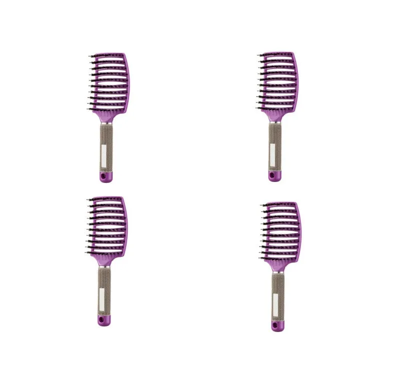 Black bristle and nylon hairbrush with arched comb head and non-slip rubber handle on white background