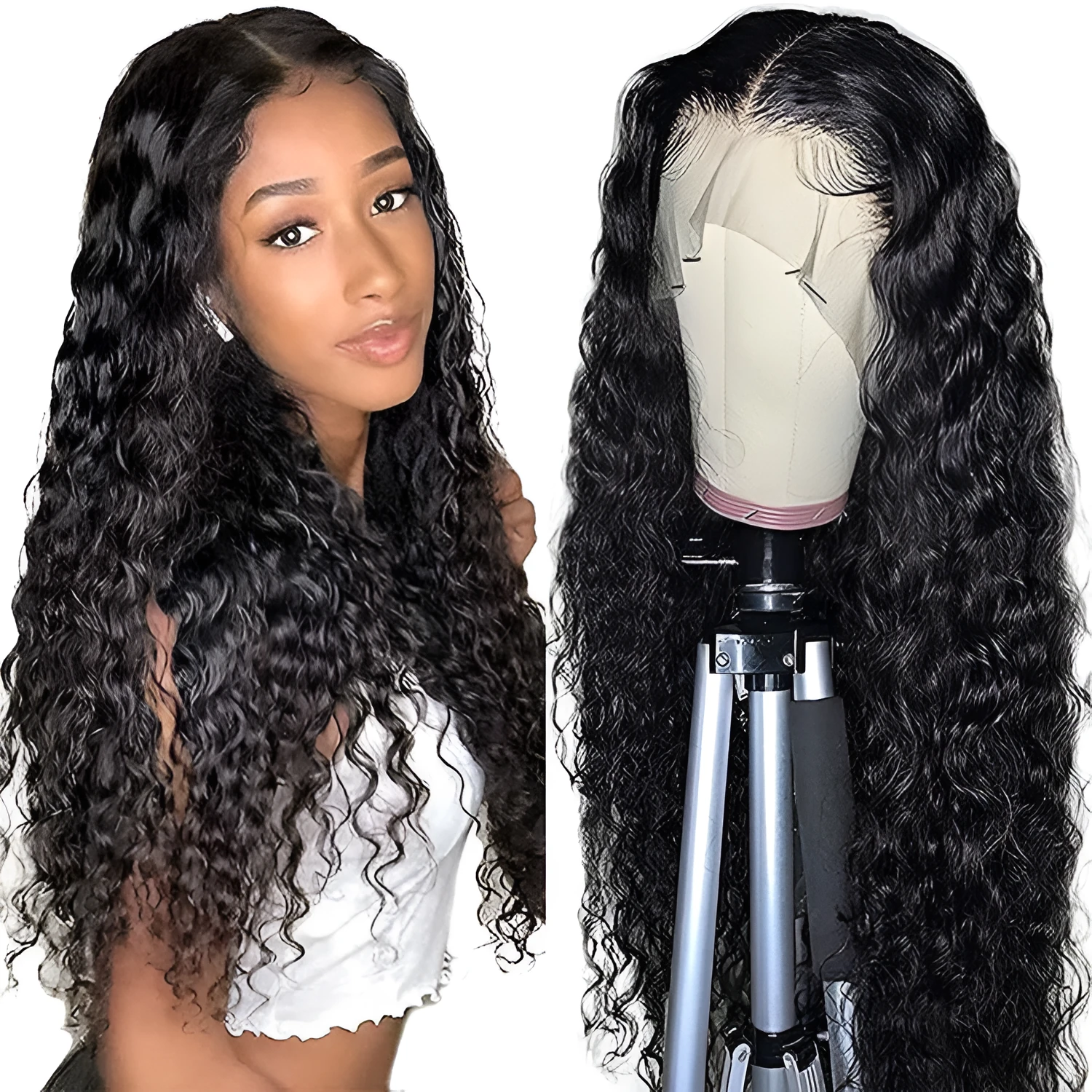 Human hair wig with small curly hair and long hair sets on a mannequin showing T-type front lace