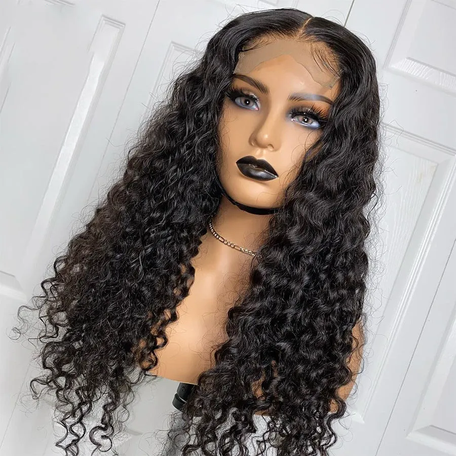 Human hair wig with small curly hair and long hair sets on a mannequin showing T-type front lace