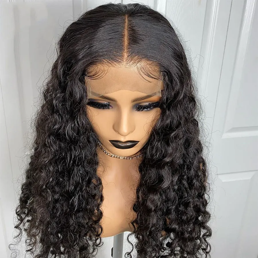 Human hair wig with small curly hair and long hair sets on a mannequin showing T-type front lace