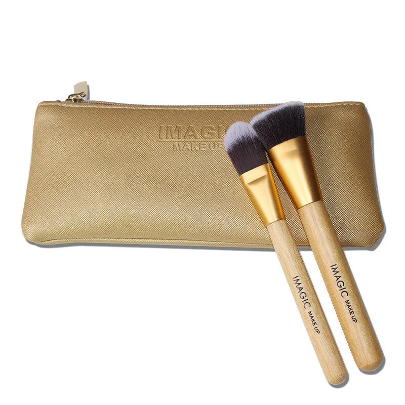 8-piece makeup brush set with soft artificial fibres, plastic handles, and aluminium tubes on a light background