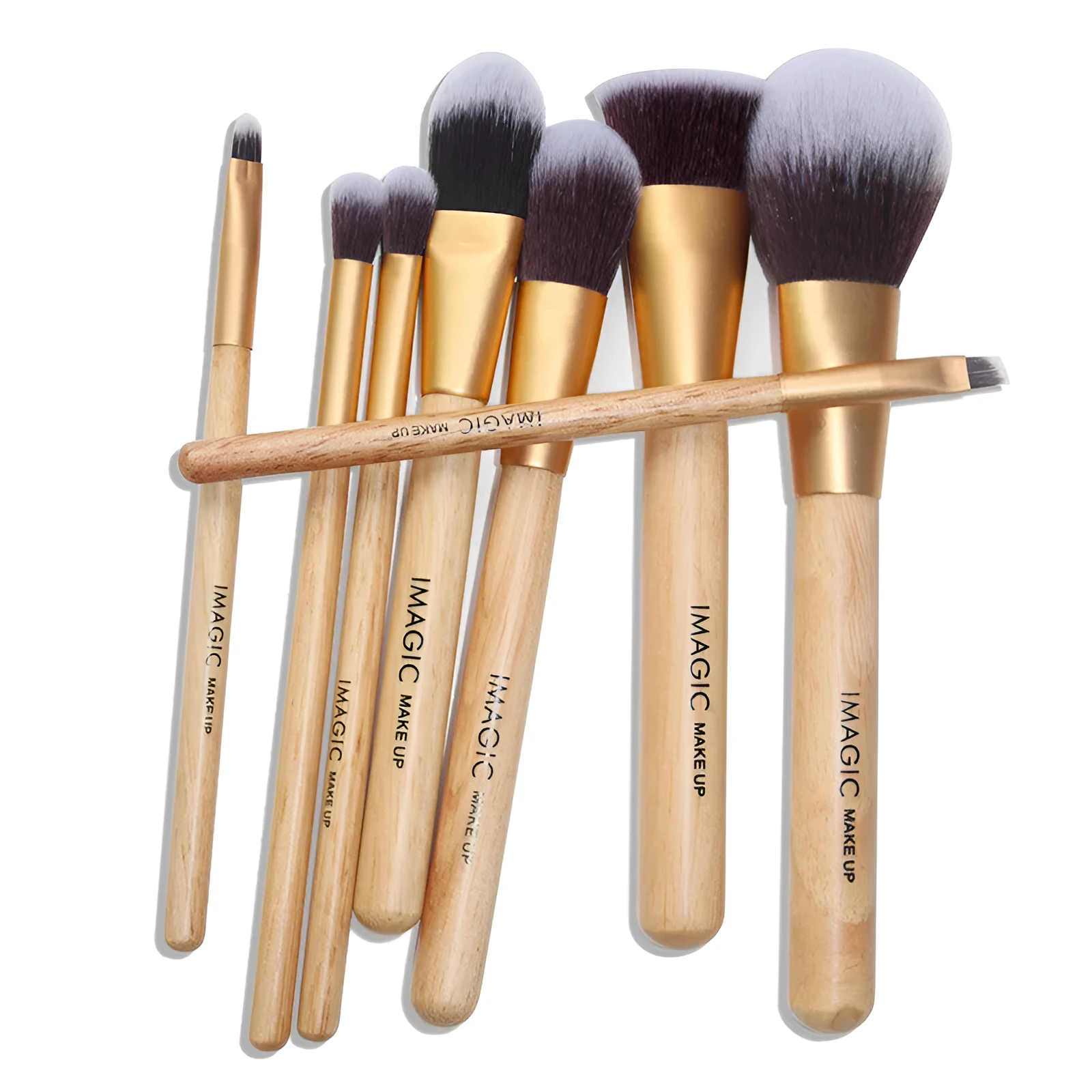 8-piece makeup brush set with soft artificial fibres, plastic handles, and aluminium tubes on a light background