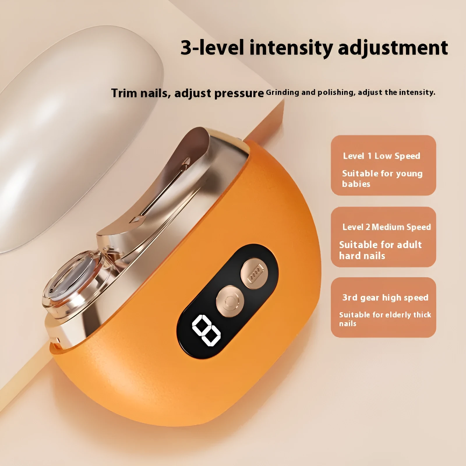 HZ-005 rechargeable electric nail clippers with anti-pinch cutting and grinding, white plastic body, on neutral background
