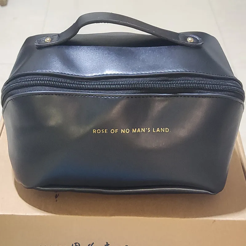 Large capacity PU leather travel cosmetic bag with handle, double-layer design, wire-inserted opening, black colour