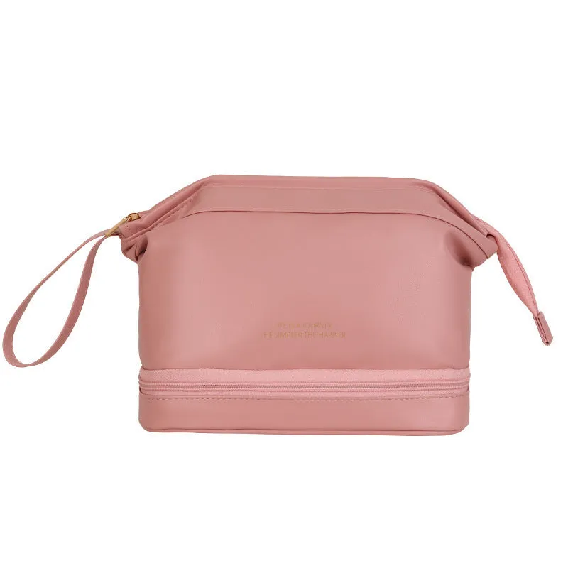 Large capacity PU leather travel cosmetic bag with handle, double-layer design, wire-inserted opening, black colour