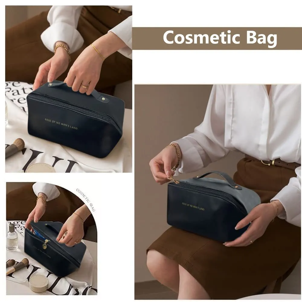 Large capacity PU leather travel cosmetic bag with handle, double-layer design, wire-inserted opening, black colour