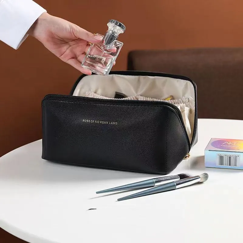 Large capacity PU leather travel cosmetic bag with handle, double-layer design, wire-inserted opening, black colour