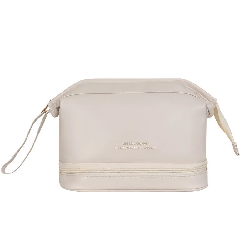 Large capacity PU leather travel cosmetic bag with handle, double-layer design, wire-inserted opening, black colour