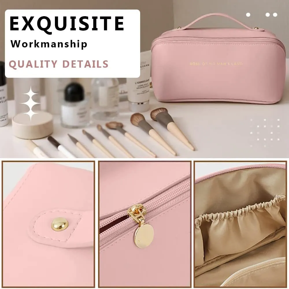 Large capacity PU leather travel cosmetic bag with handle, double-layer design, wire-inserted opening, black colour