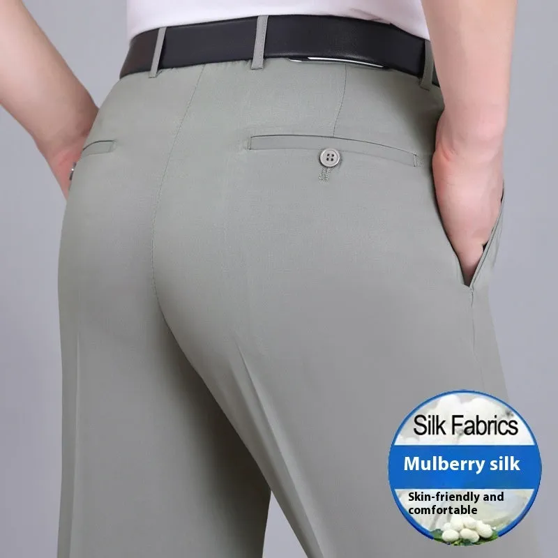 Men's mulberry silk blend straight-leg business trousers with high waist in dark blue colour