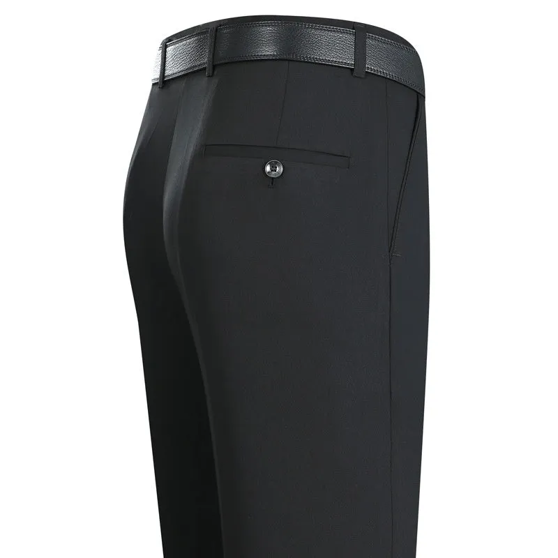 Men's mulberry silk blend straight-leg business trousers with high waist in dark blue colour