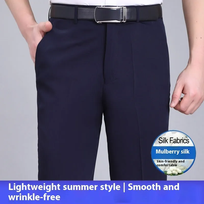 Men's mulberry silk blend straight-leg business trousers with high waist in dark blue colour