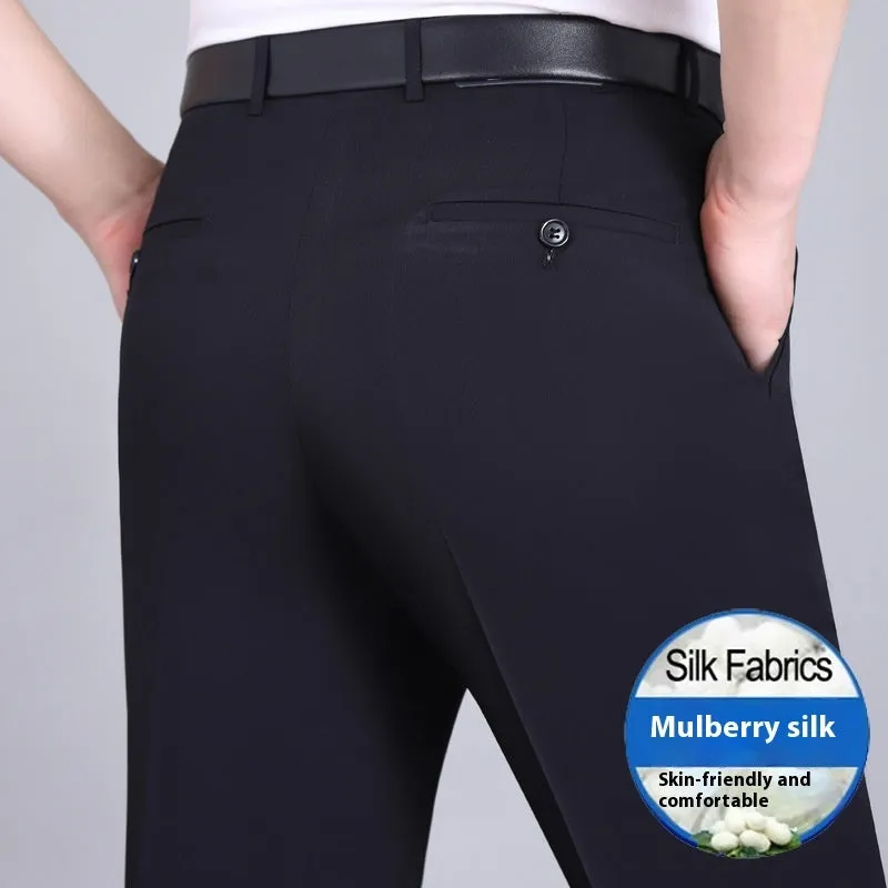 Men's mulberry silk blend straight-leg business trousers with high waist in dark blue colour