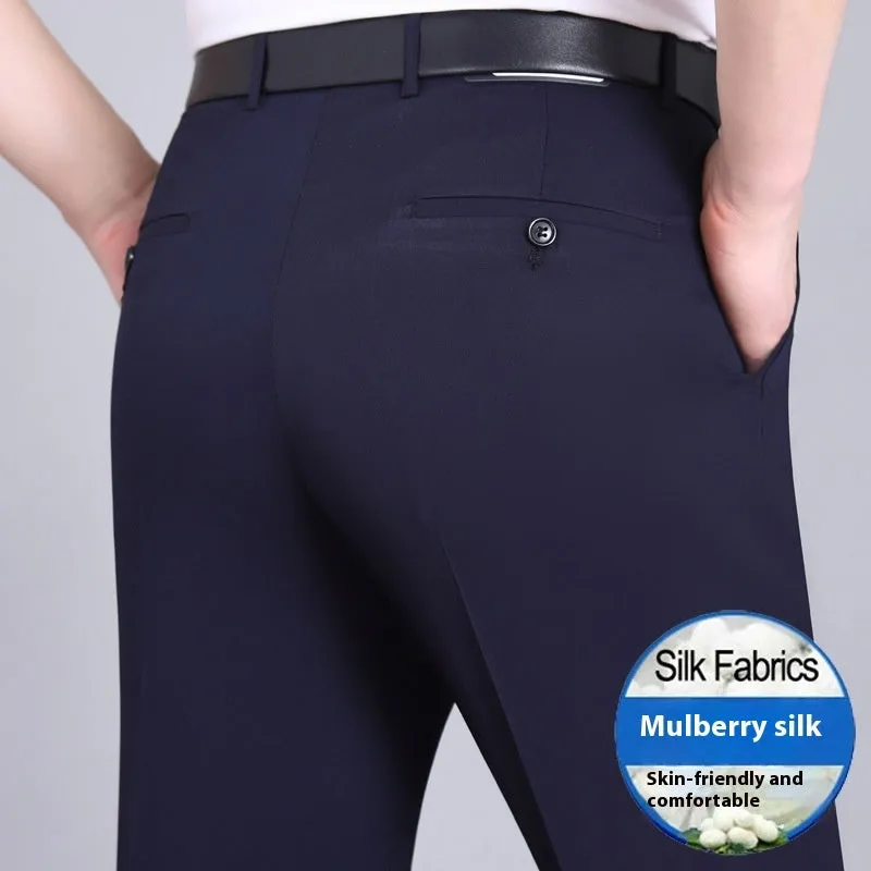 Men's mulberry silk blend straight-leg business trousers with high waist in dark blue colour
