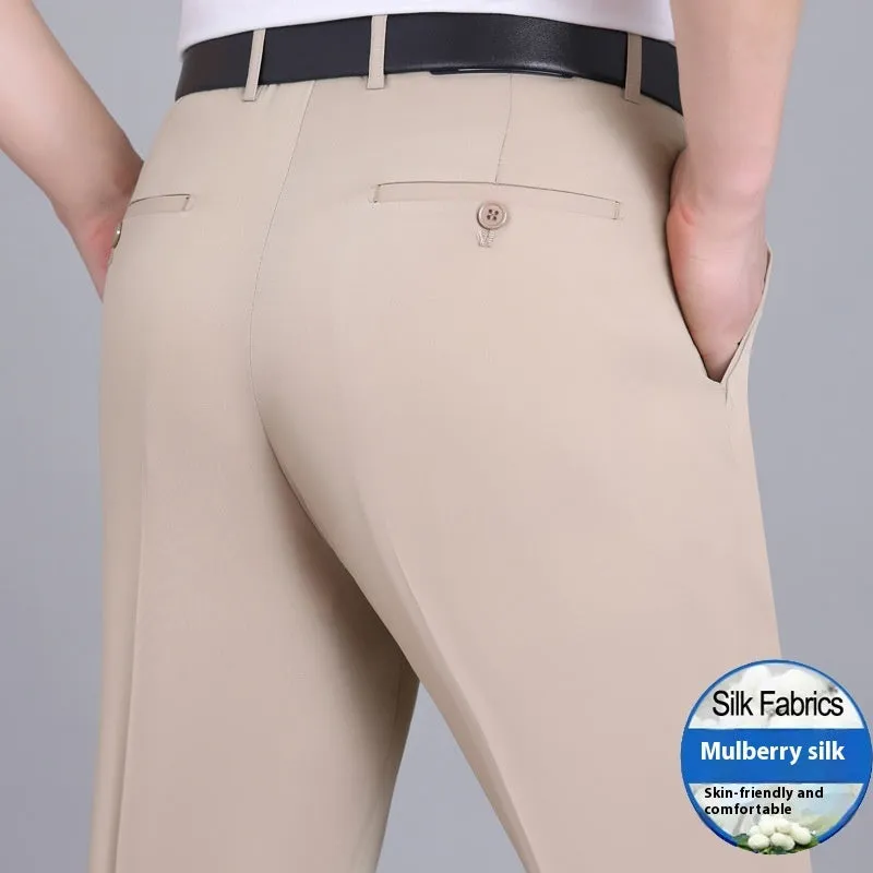 Men's mulberry silk blend straight-leg business trousers with high waist in dark blue colour