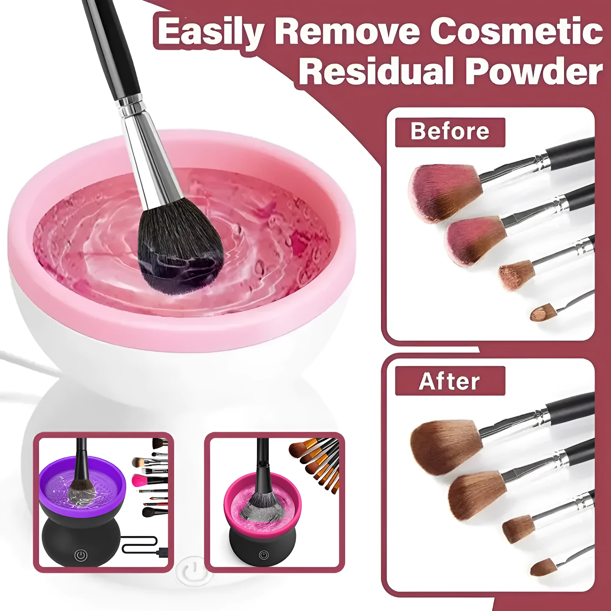 Electric makeup brush cleaner machine with ABS silicone body and compact 9 x 8.8 cm size in Black Rose Red