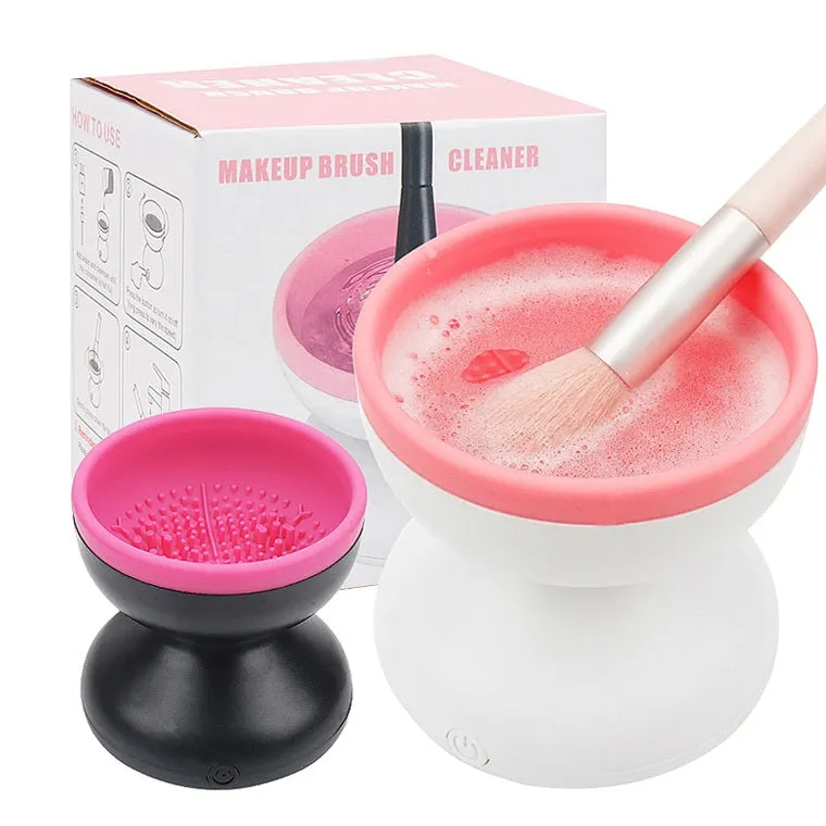 Electric makeup brush cleaner machine with ABS silicone body and compact 9 x 8.8 cm size in Black Rose Red