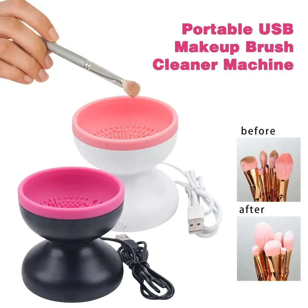Electric makeup brush cleaner machine with ABS silicone body and compact 9 x 8.8 cm size in Black Rose Red