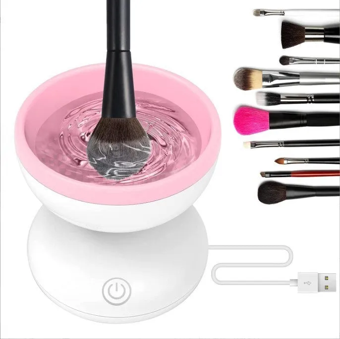 Electric makeup brush cleaner machine with ABS silicone body and compact 9 x 8.8 cm size in Black Rose Red
