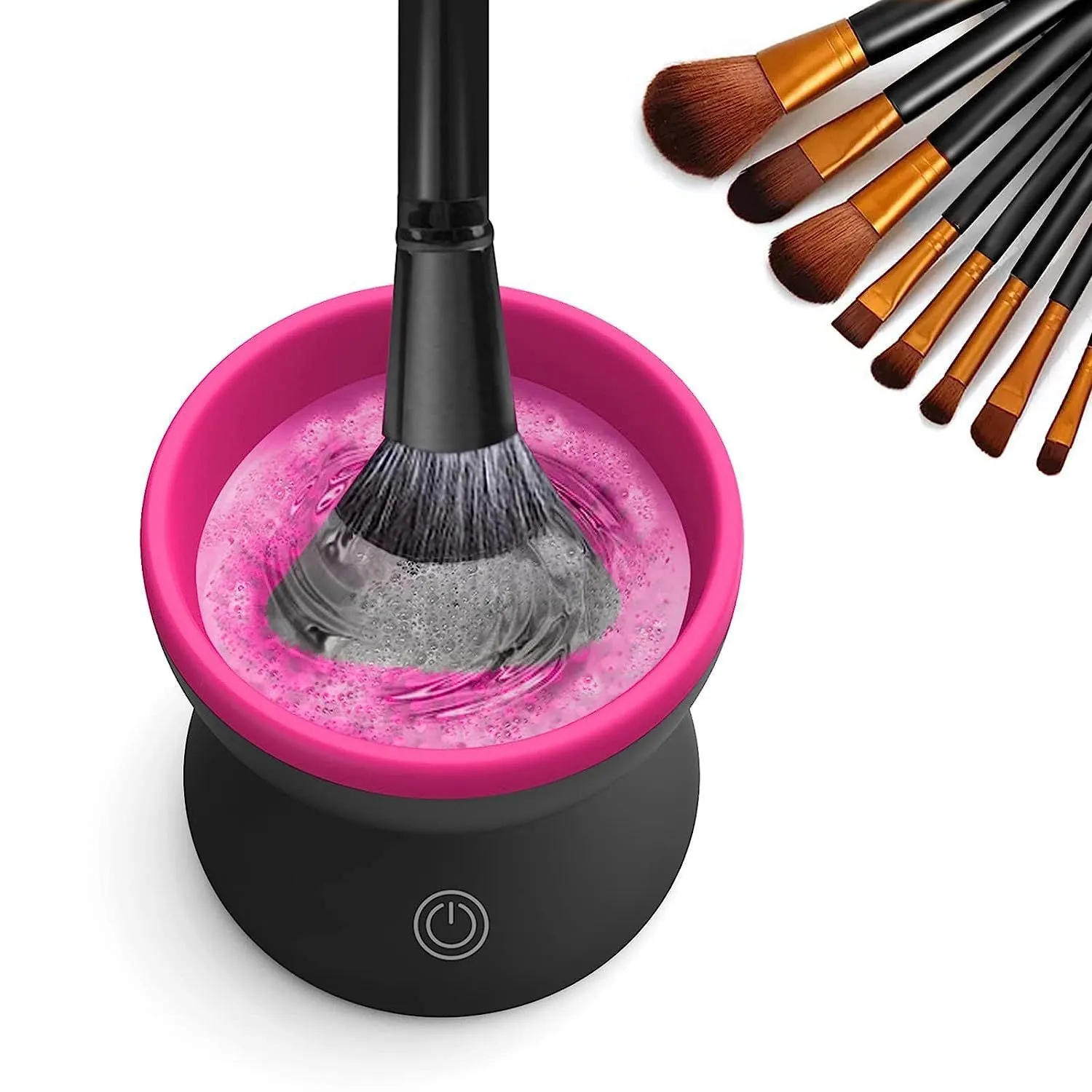 Electric makeup brush cleaner machine with ABS silicone body and compact 9 x 8.8 cm size in Black Rose Red