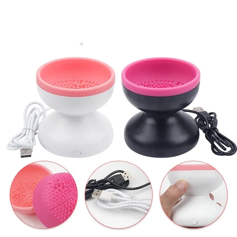 Electric makeup brush cleaner machine with ABS silicone body and compact 9 x 8.8 cm size in Black Rose Red
