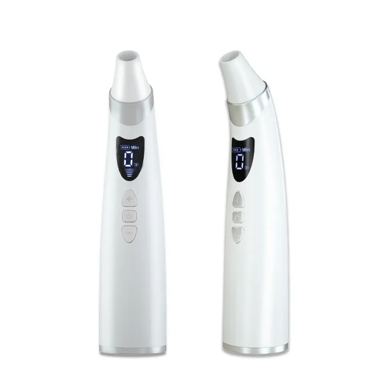 White electric visual blackhead suction instrument with LED display, four silicone heads, and USB charging cable on a sponge bag.