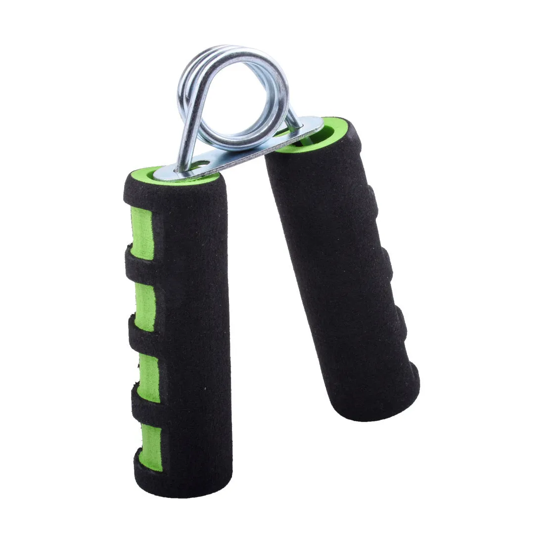 Hand training spring hand grip with black foam grip and steel springs on white background
