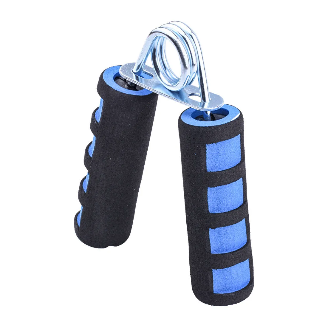 Hand training spring hand grip with black foam grip and steel springs on white background