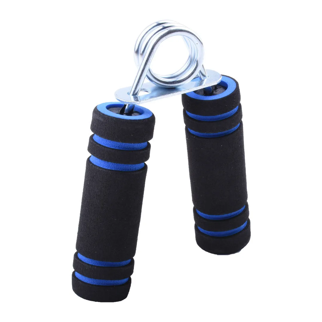 Hand training spring hand grip with black foam grip and steel springs on white background