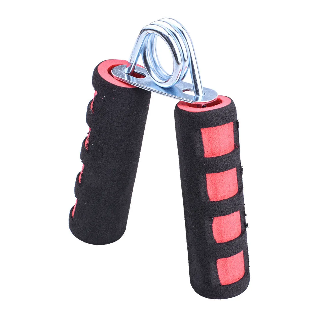Hand training spring hand grip with black foam grip and steel springs on white background