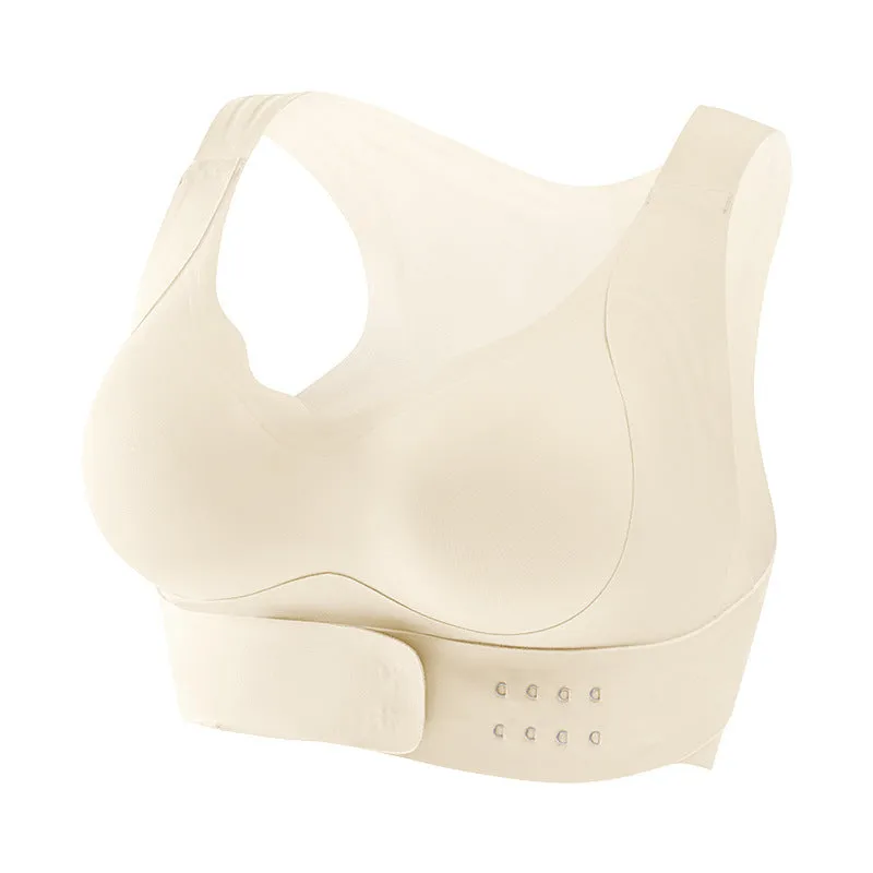 Women's sports bra with front buckle closure and back shaping design for yoga and exercise.