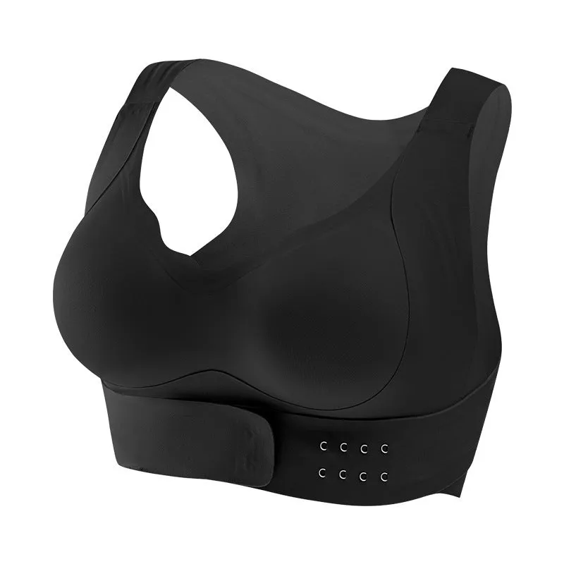 Women's sports bra with front buckle closure and back shaping design for yoga and exercise.