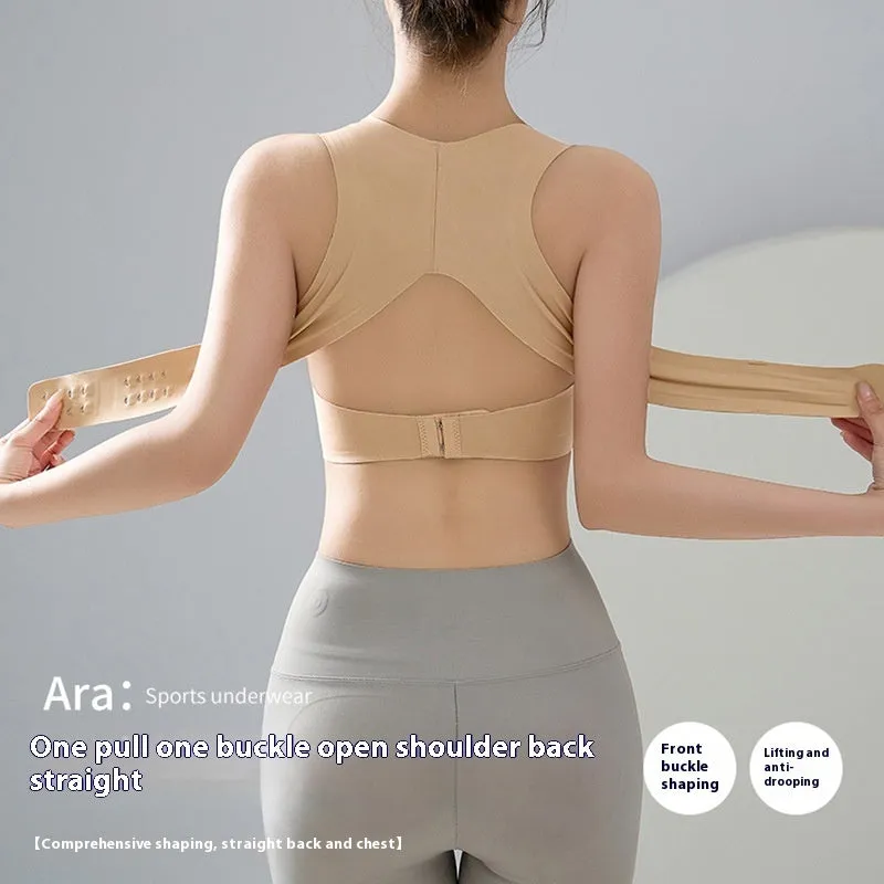 Women's sports bra with front buckle closure and back shaping design for yoga and exercise.