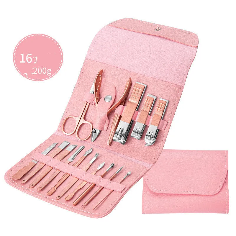 Professional stainless steel manicure and pedicure tool set in black leather case with nail clippers, cuticle pliers, and cuticle knife