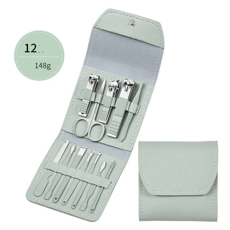 Professional stainless steel manicure and pedicure tool set in black leather case with nail clippers, cuticle pliers, and cuticle knife