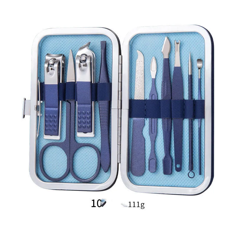 Professional stainless steel manicure and pedicure tool set in black leather case with nail clippers, cuticle pliers, and cuticle knife