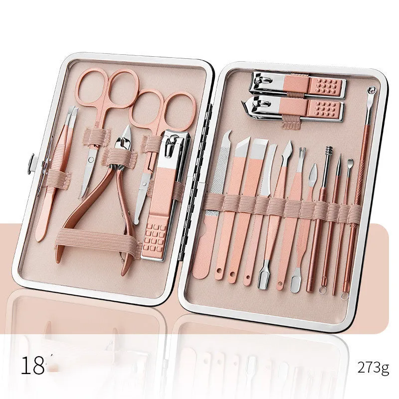 Professional stainless steel manicure and pedicure tool set in black leather case with nail clippers, cuticle pliers, and cuticle knife