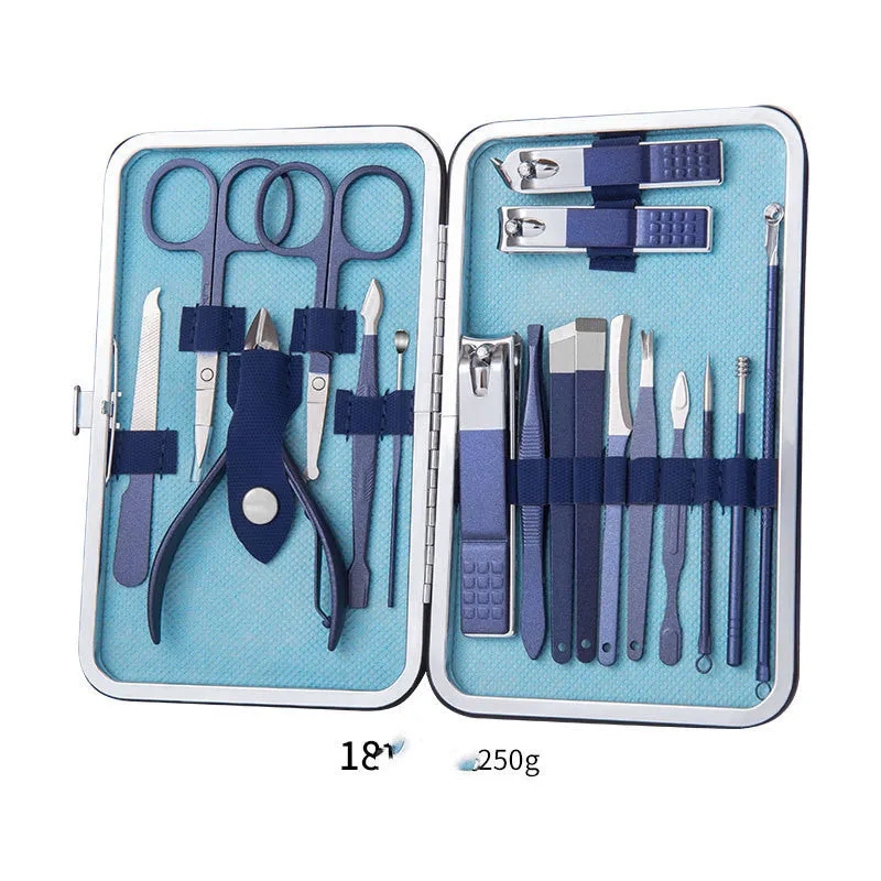 Professional stainless steel manicure and pedicure tool set in black leather case with nail clippers, cuticle pliers, and cuticle knife