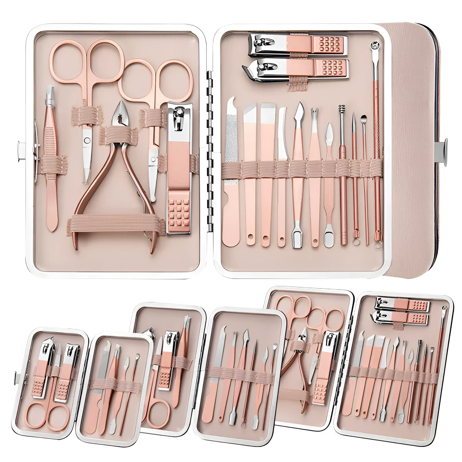Professional stainless steel manicure and pedicure tool set in black leather case with nail clippers, cuticle pliers, and cuticle knife