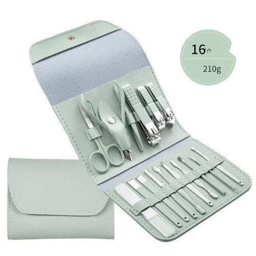 Professional stainless steel manicure and pedicure tool set in black leather case with nail clippers, cuticle pliers, and cuticle knife