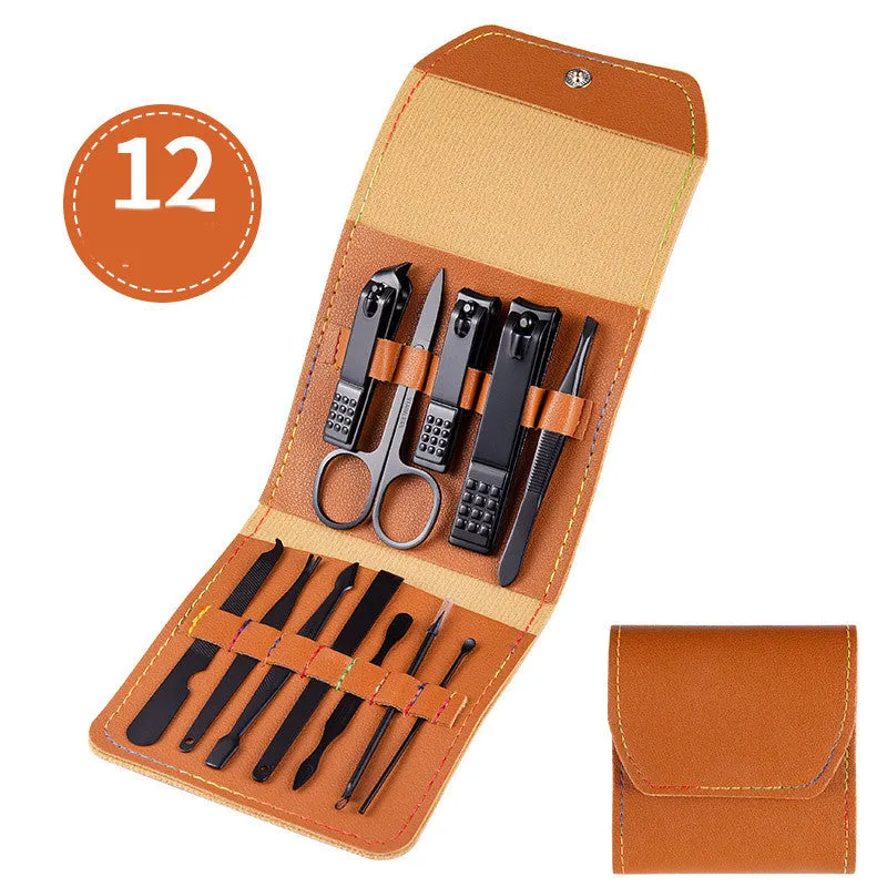 Professional stainless steel manicure and pedicure tool set in black leather case with nail clippers, cuticle pliers, and cuticle knife