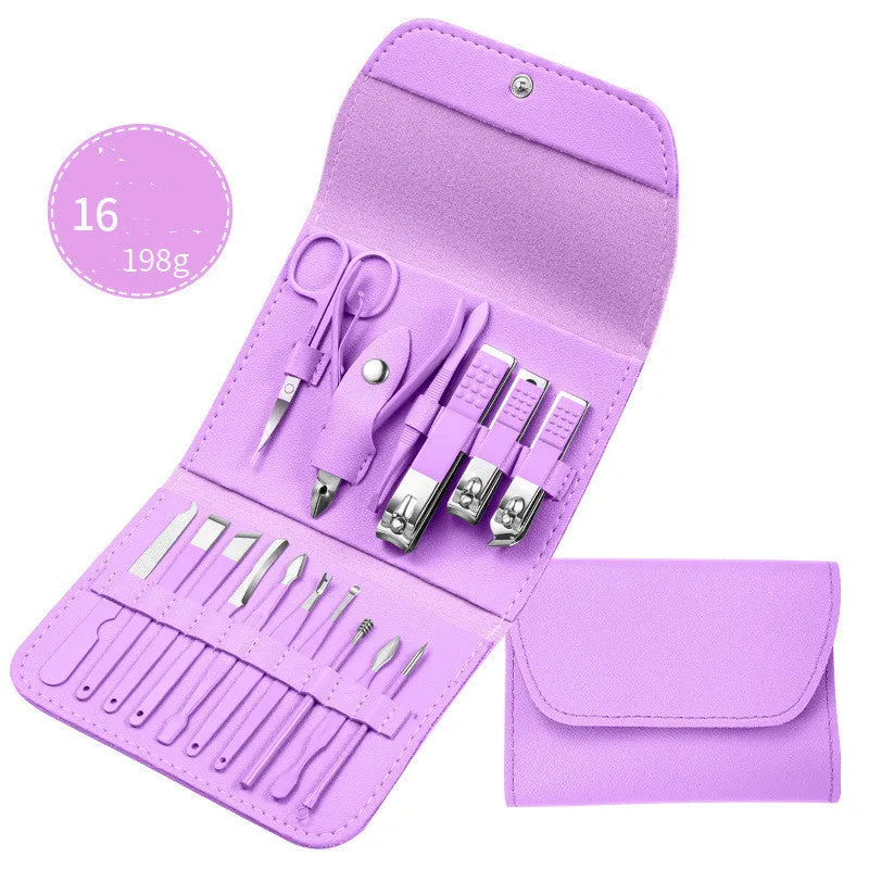 Professional stainless steel manicure and pedicure tool set in black leather case with nail clippers, cuticle pliers, and cuticle knife