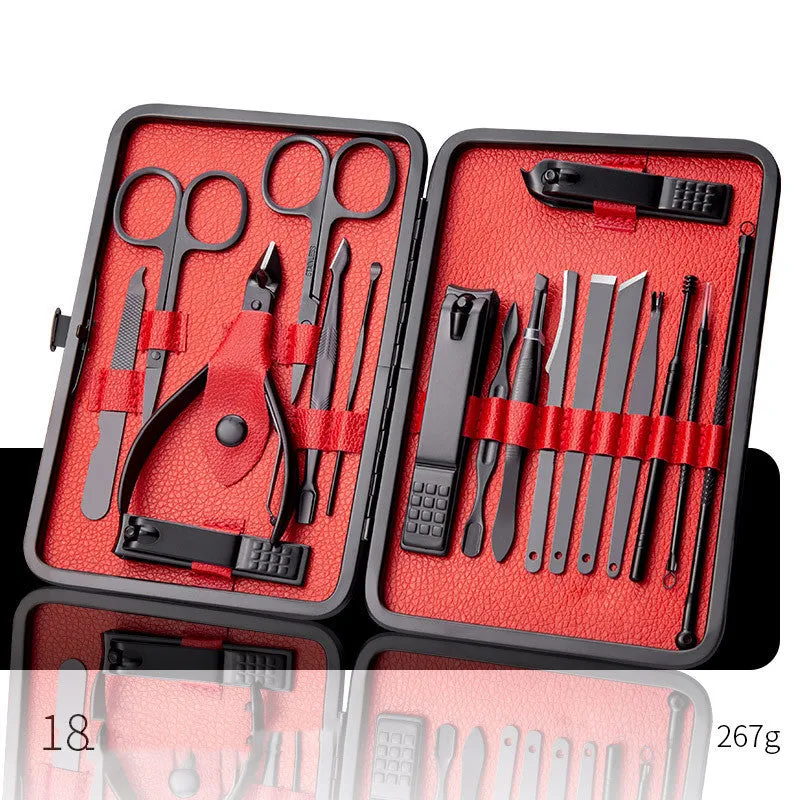 Professional stainless steel manicure and pedicure tool set in black leather case with nail clippers, cuticle pliers, and cuticle knife