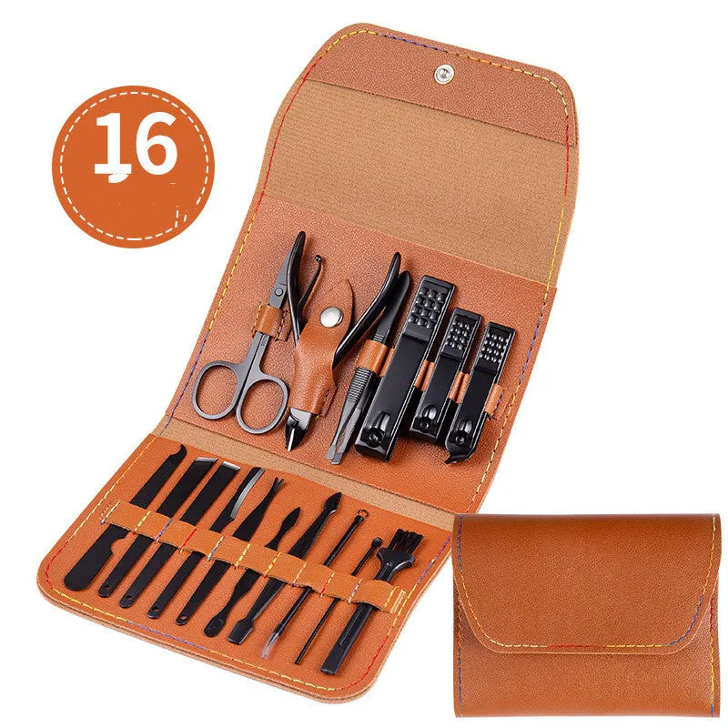Professional stainless steel manicure and pedicure tool set in black leather case with nail clippers, cuticle pliers, and cuticle knife