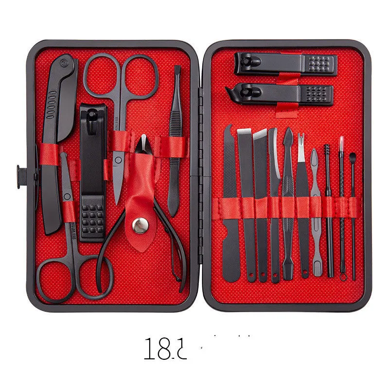 Professional stainless steel manicure and pedicure tool set in black leather case with nail clippers, cuticle pliers, and cuticle knife