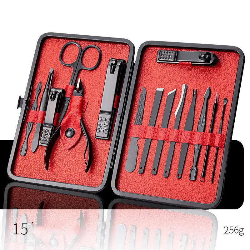 Professional stainless steel manicure and pedicure tool set in black leather case with nail clippers, cuticle pliers, and cuticle knife