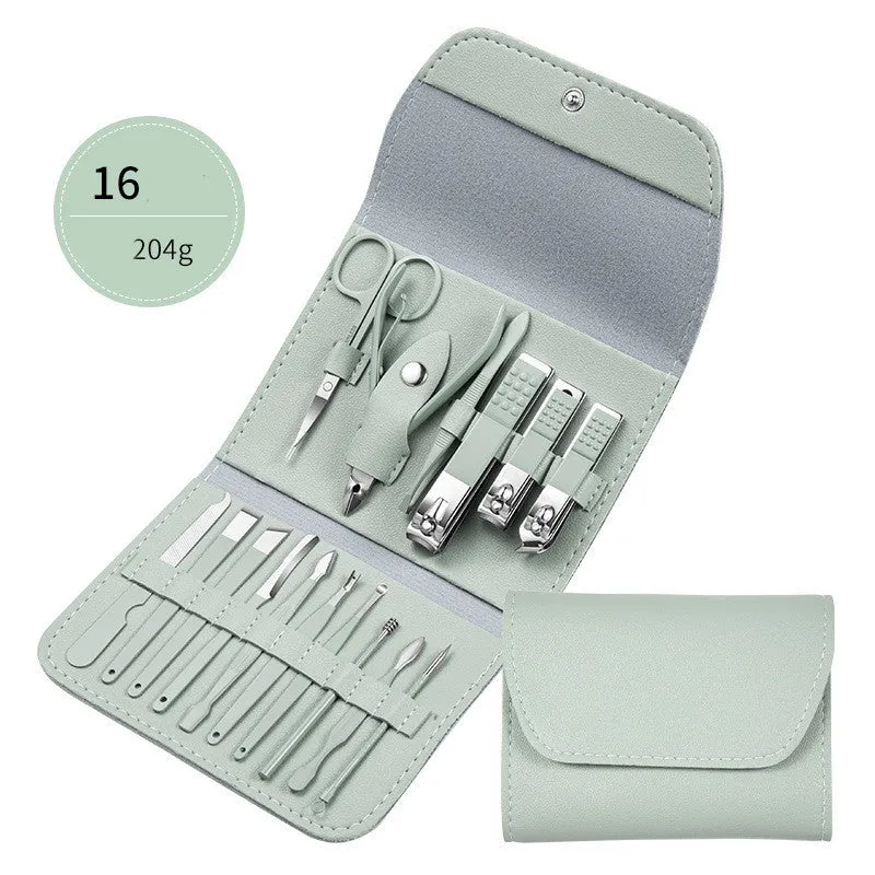 Professional stainless steel manicure and pedicure tool set in black leather case with nail clippers, cuticle pliers, and cuticle knife