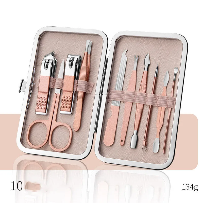 Professional stainless steel manicure and pedicure tool set in black leather case with nail clippers, cuticle pliers, and cuticle knife