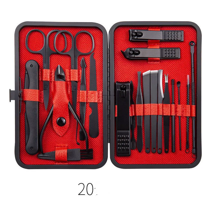 Professional stainless steel manicure and pedicure tool set in black leather case with nail clippers, cuticle pliers, and cuticle knife