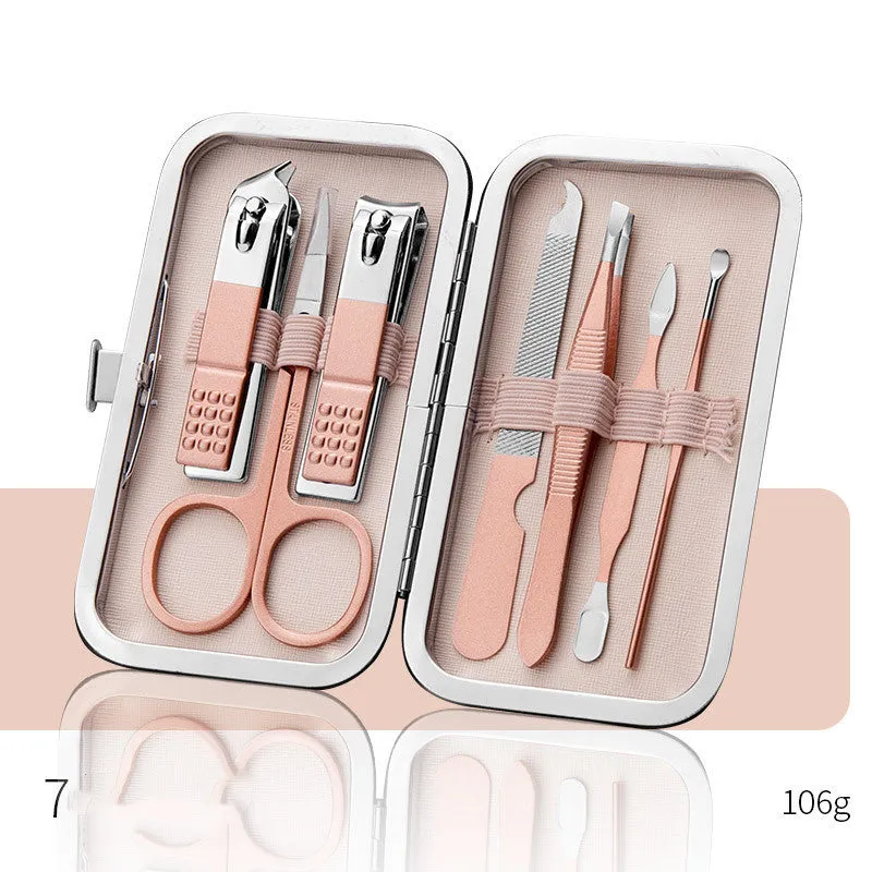 Professional stainless steel manicure and pedicure tool set in black leather case with nail clippers, cuticle pliers, and cuticle knife